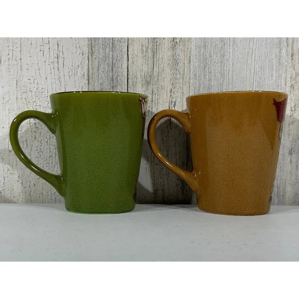 Floral Coffee Mugs Set of 2 Ceramic Earth Tones‎ MCM Gold Green